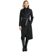 Tahari Women's Black Juliette Double Face Wool Belted Coat with Faux Leather Trim