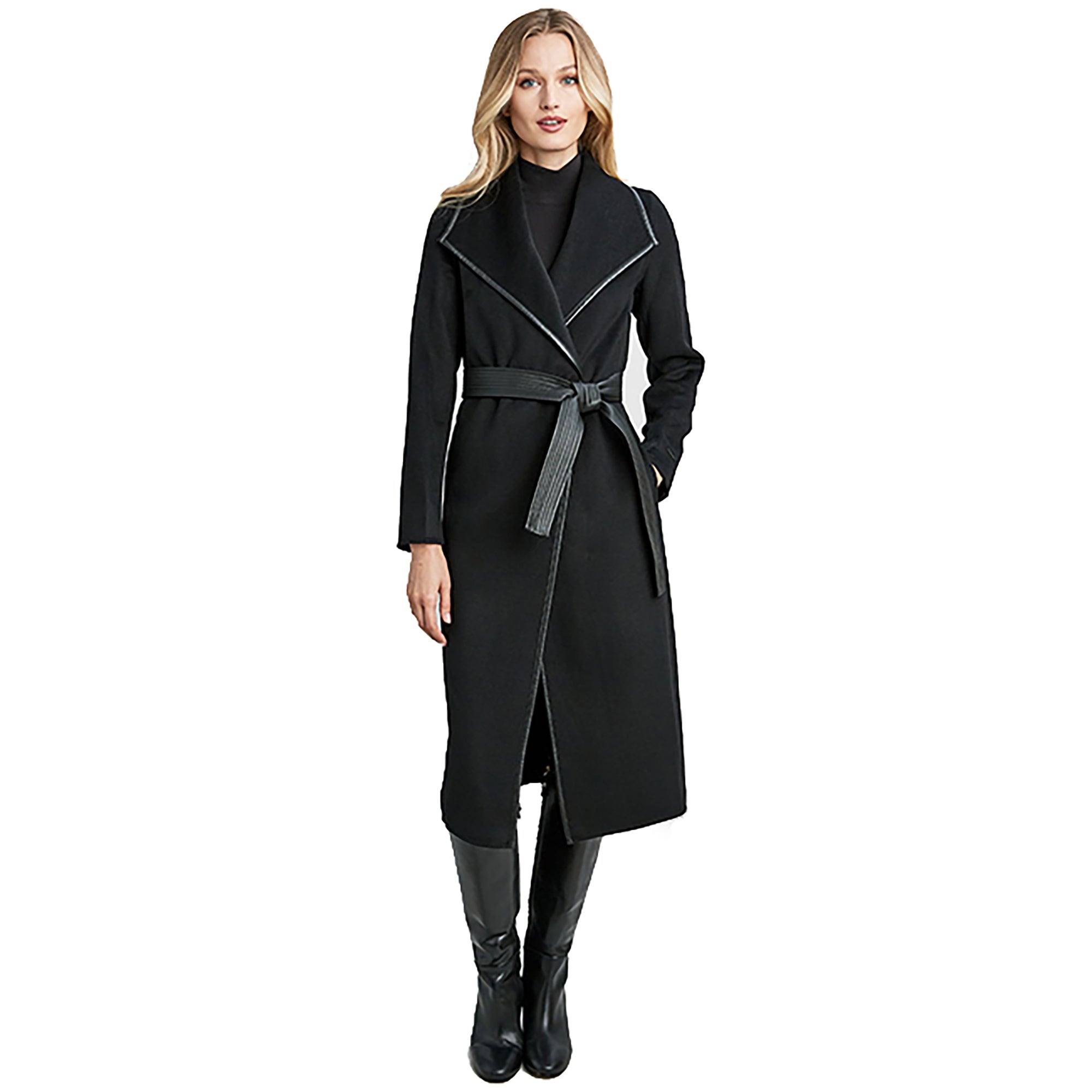 Tahari Women's Black Juliette Double Face Wool Belted Coat with Faux Leather Trim