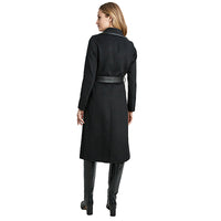 Tahari Women's Black Juliette Double Face Wool Belted Coat with Faux Leather Trim