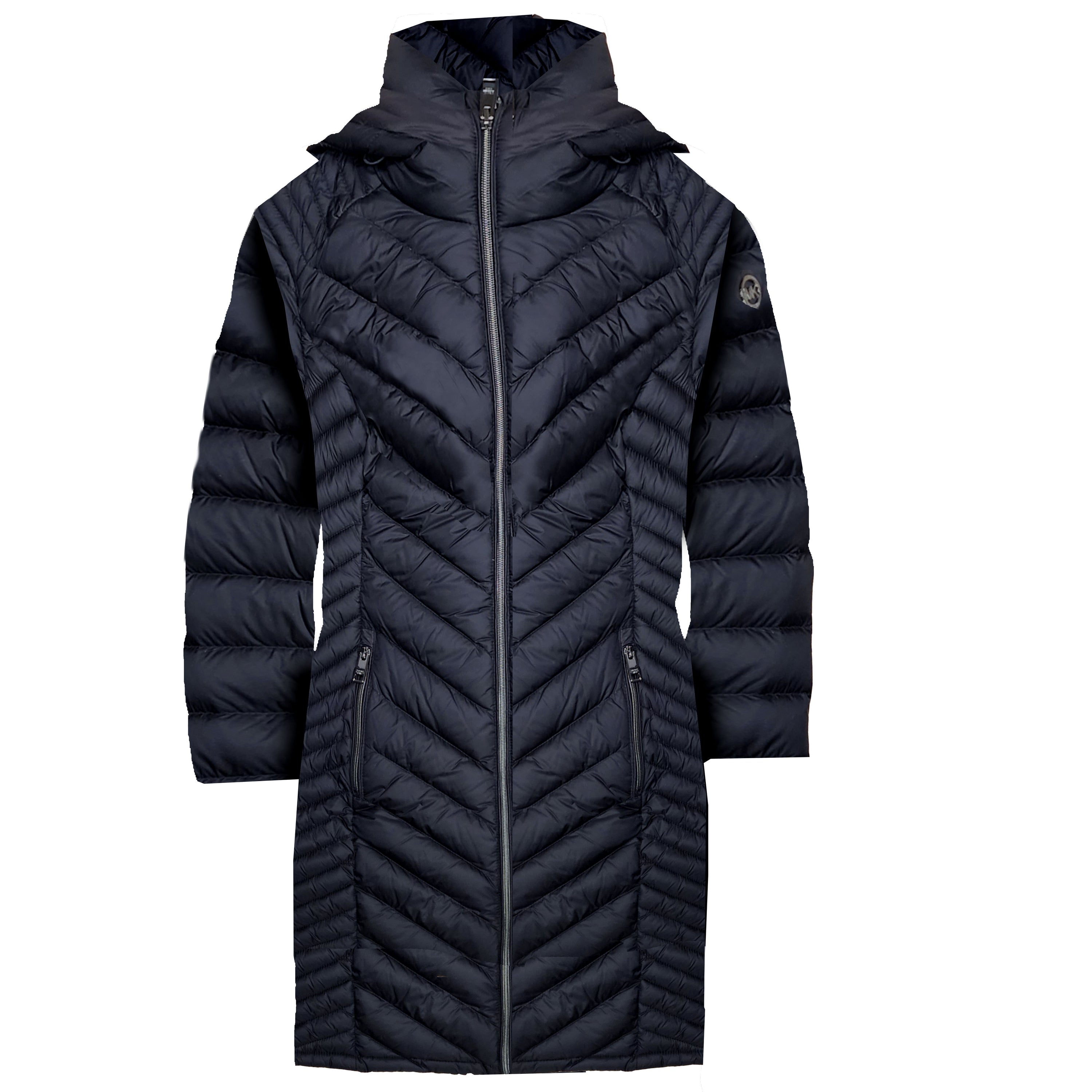 Michael Michael Kors Women's Black Chevron Double Layer Zipper 3/4 Hooded Packable Coat Black