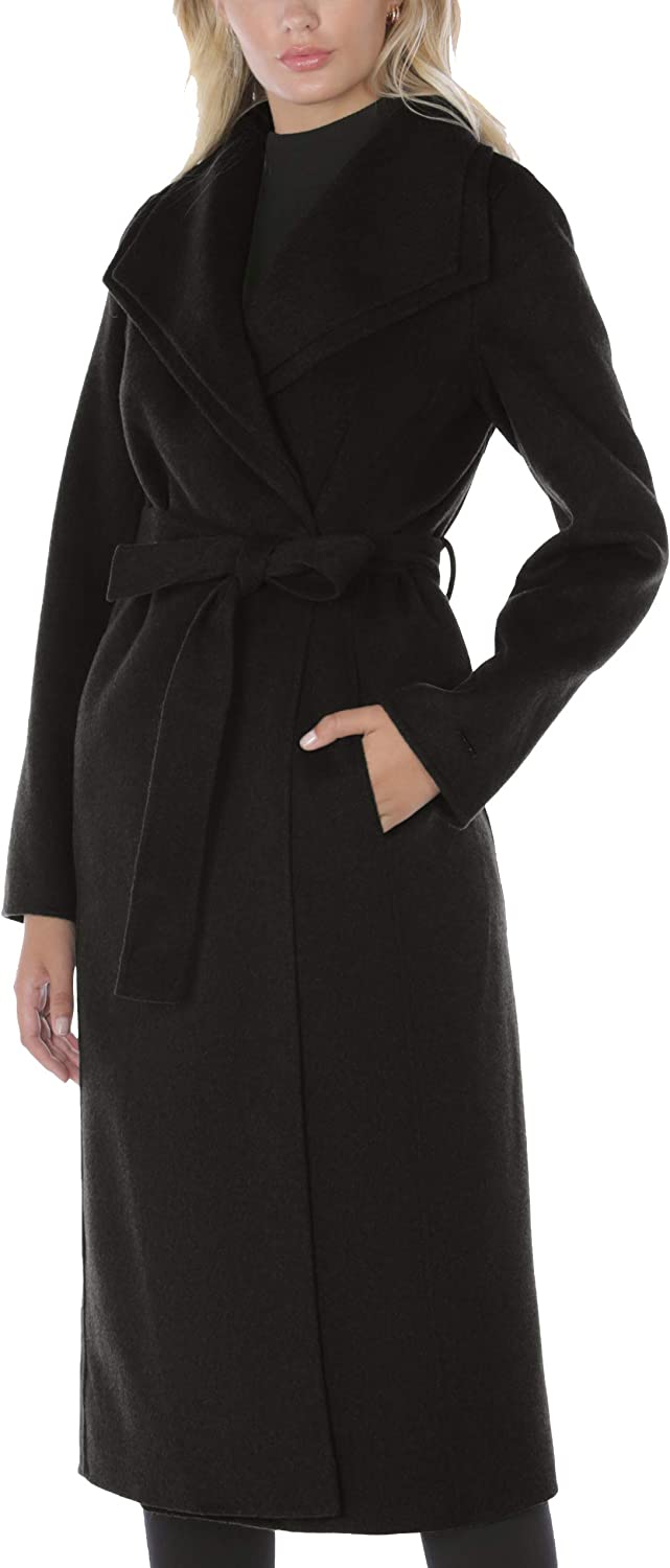 Tahari Women's Black Double Layered Collar Wool Long Coat Black