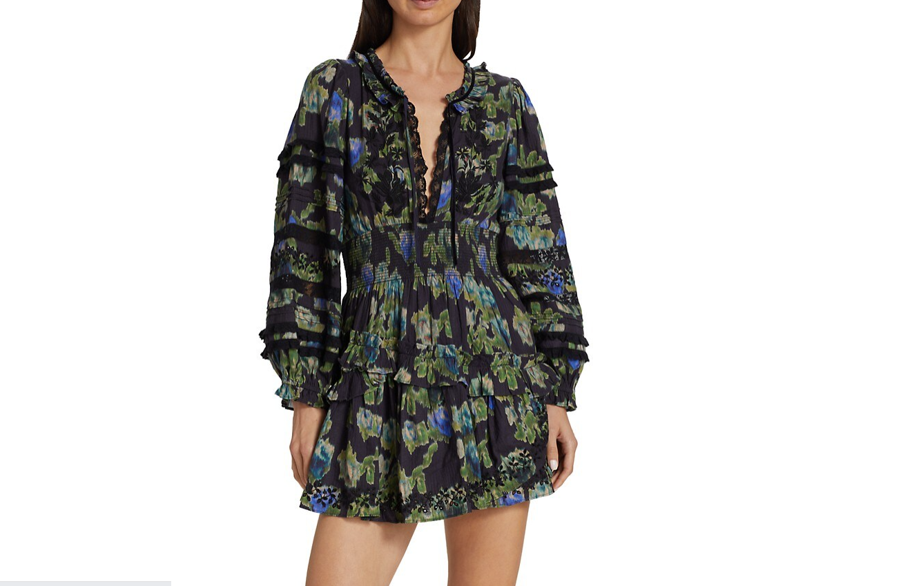 LOVESHACKFANCY Women's Clarkie Dress, Deep Blue Trace Mini Smocked L Deep Blue Trace