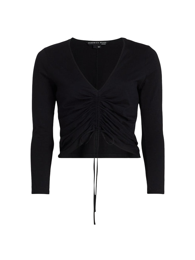 Veronica Beard Women's Black Kerr Long Sleeve V-Neck Ruched Front Tee