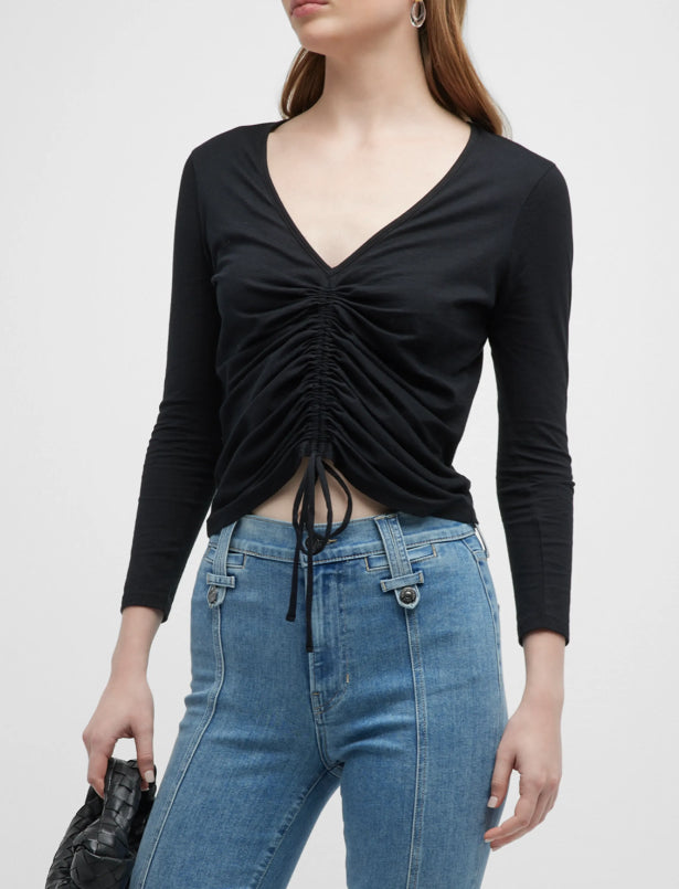 Veronica Beard Women's Black Kerr Long Sleeve V-Neck Ruched Front Tee