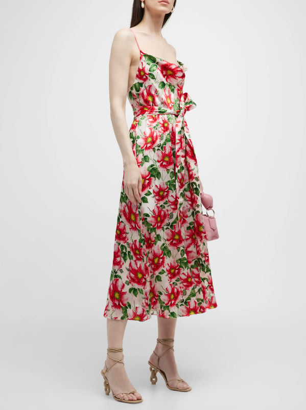 Alice + Olivia Samantha Cowl-Neck Midi Dress Floral Print