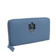 Alexander McQueen Women's Gold Logo Blue Leather Zip Around Wallet 439194 4005