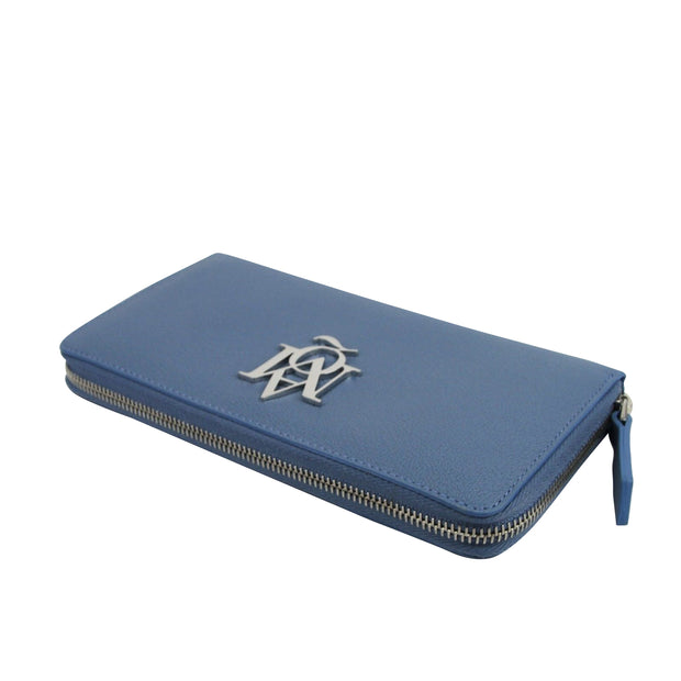 Alexander McQueen Women's Gold Logo Blue Leather Zip Around Wallet 439194 4005