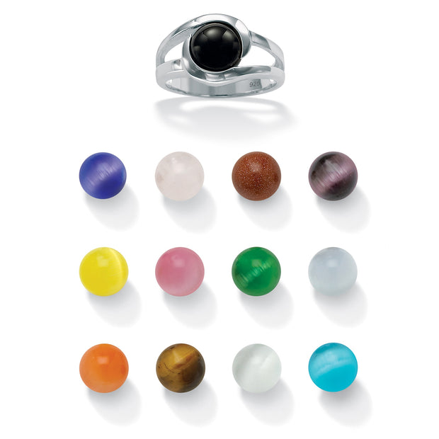 Sterling Silver Round Multicolor Genuine Agate and Simulated Cat's Eye 14 Piece Set Interchangeable Ring