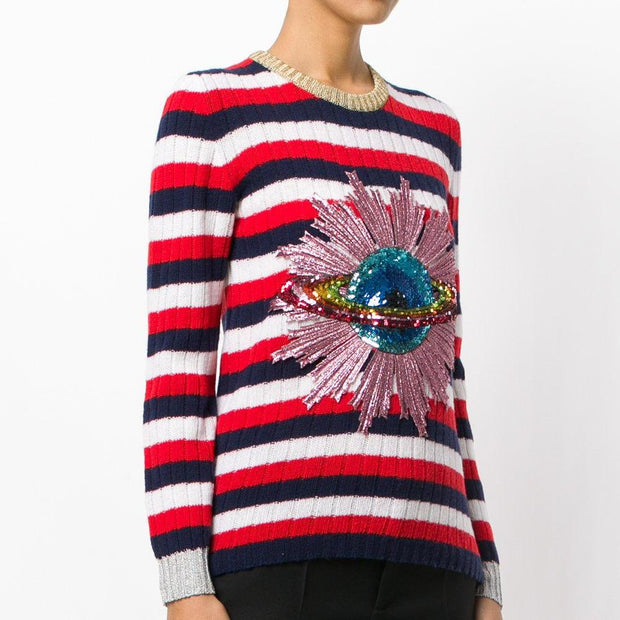 Gucci Women's Wool Sequin Patch Planet UFO Striped Sweater Red Blue