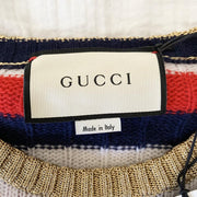 Gucci Women's Wool Sequin Patch Planet UFO Striped Sweater Red Blue