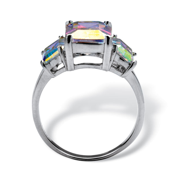 Sterling Silver Emerald Cut Aurora Borealis Cubic Zirconia 3 Stone Ring