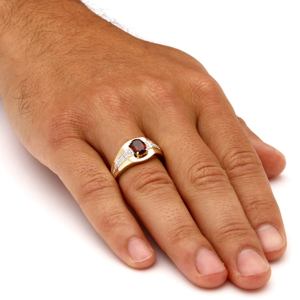 Men's Yellow Gold-Plated Sterling Silver Oval Cut Genuine Red Garnet and Diamond Accent Ring