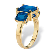18K Yellow Gold Plated Emerald Cut Simulated Birthstones 3 Stone Ring - September - Sapphire