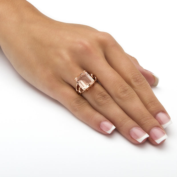 18K Rose Gold Plated Sterling Silver Rectangular Shaped Peach Crystal Ring
