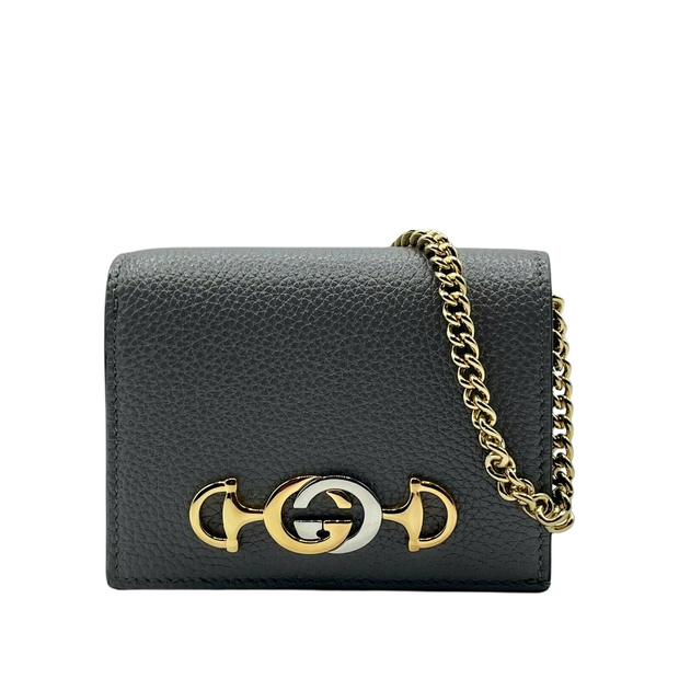 Gucci Zumi Women's Grey Leather Gold Chain Bi-Fold Mini Wallet GG Logo 570660 1275