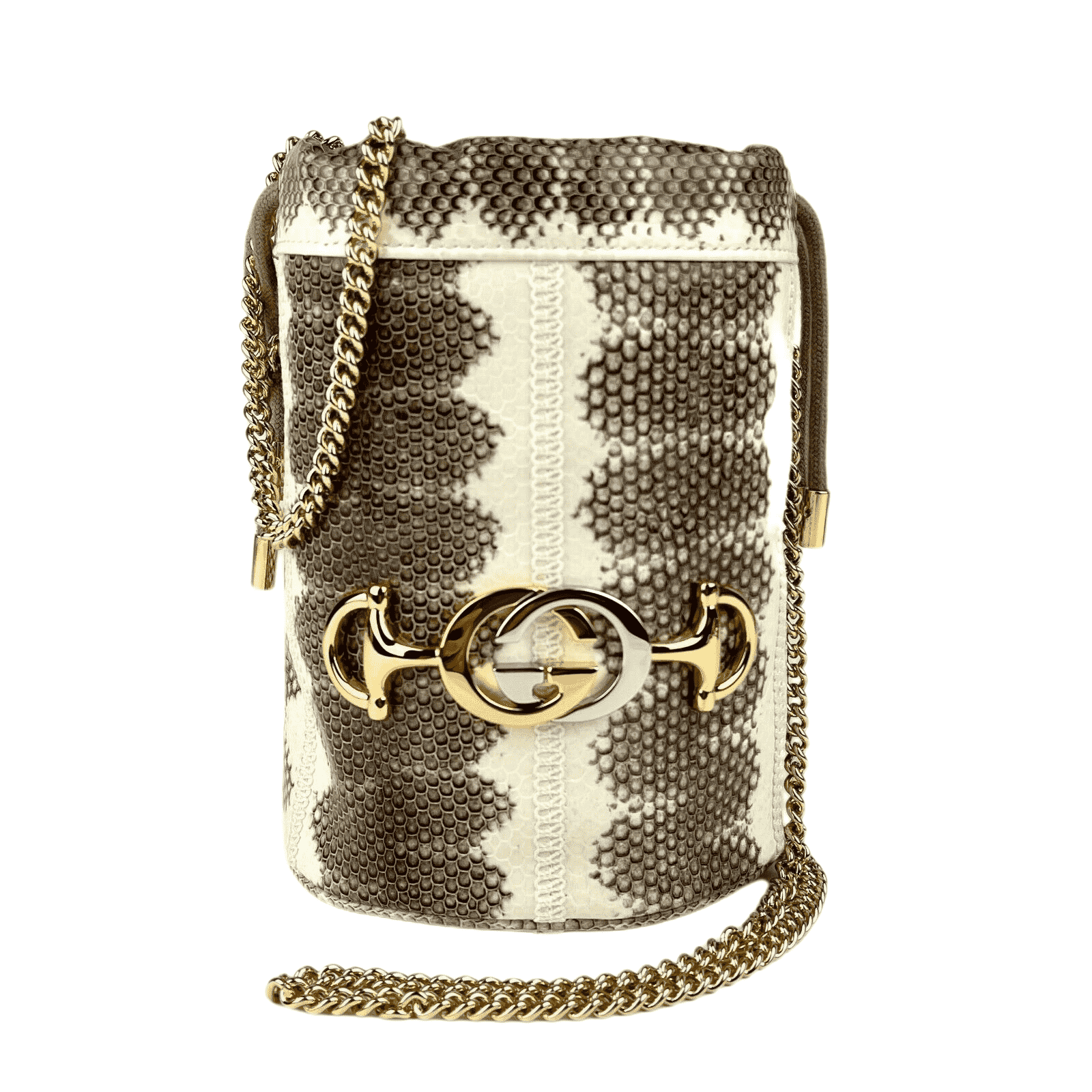 Gucci Women's Zumi White/Gray Snakeskin Mini Drawstring Bucket Chain Bag 576432 95991