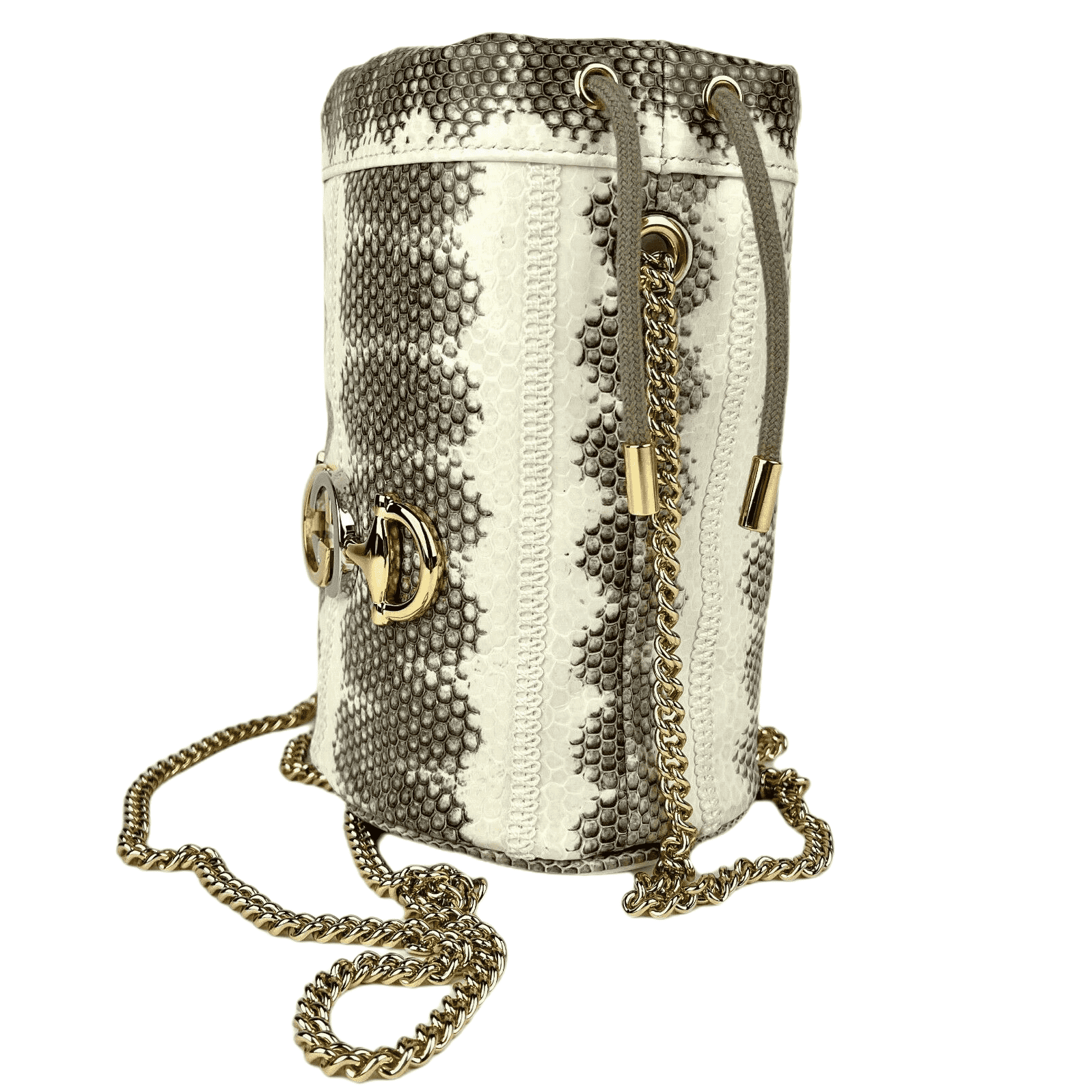 Gucci Women's Zumi White/Gray Snakeskin Mini Drawstring Bucket Chain Bag 576432 95992