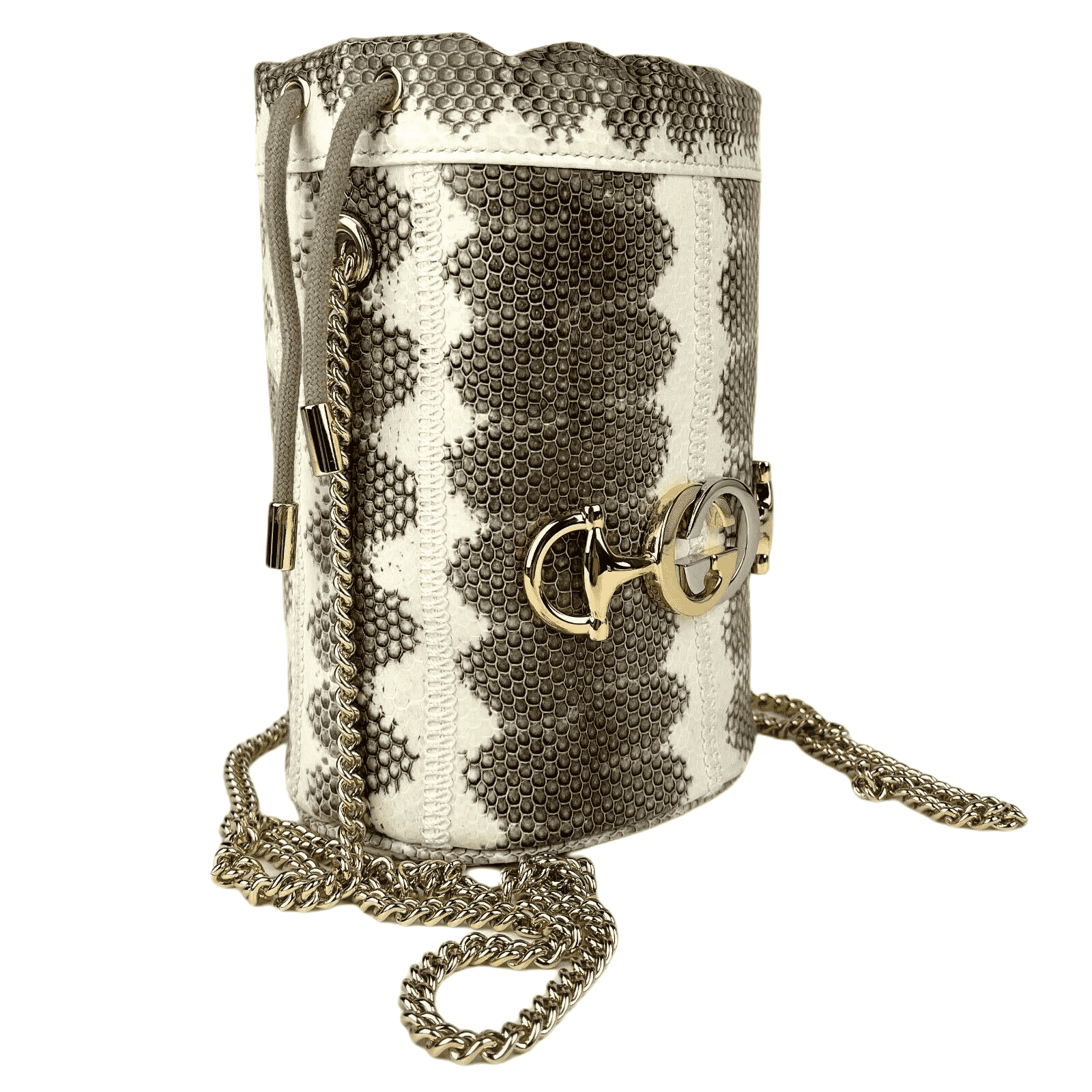 Gucci Women's Zumi White/Gray Snakeskin Mini Drawstring Bucket Chain Bag 576432 95995
