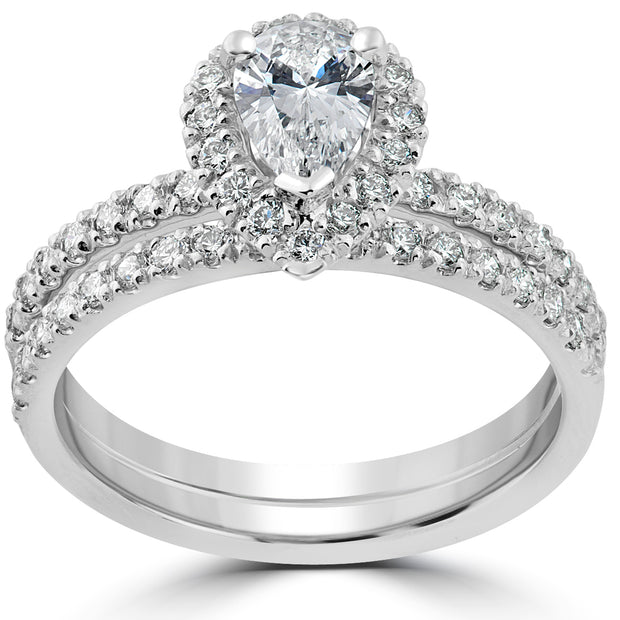1 1/10 Ct Pear Cut Halo Diamond Engagement Wedding Ring Set 14k White Gold