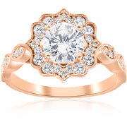 1 1/2 ct Halo Diamond Engagement Ring 14k Rose Gold Filigree Deco Design 1ct ctr