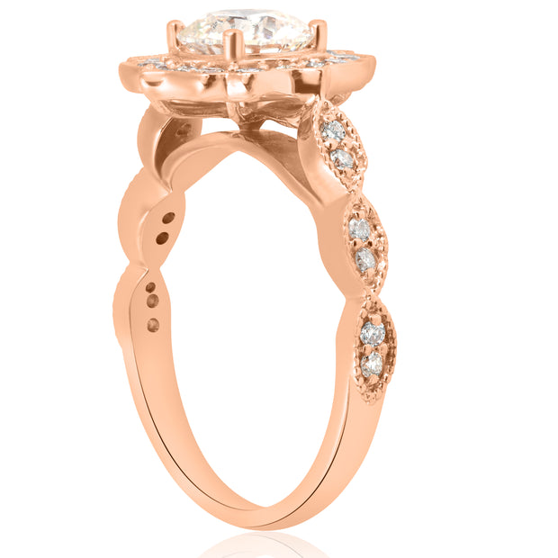 1 1/2 ct Halo Diamond Engagement Ring 14k Rose Gold Filigree Deco Design 1ct ctr
