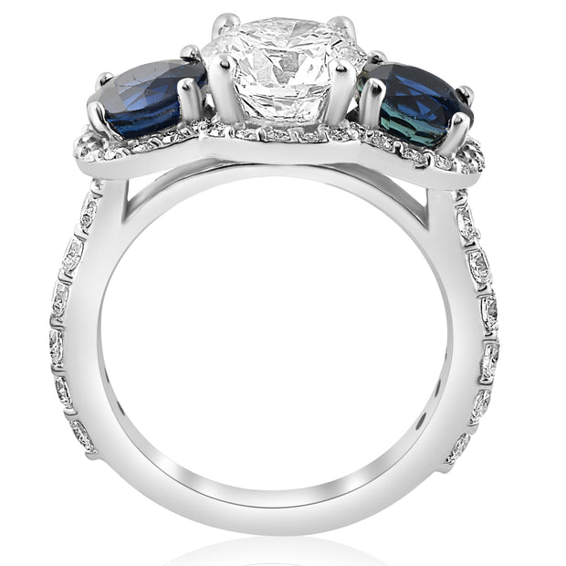 3 1/2 ct Genuine Sapphire & Diamond Halo 3-Stone Engagement Ring 14k White Gold