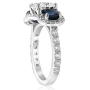 3 1/2 ct Genuine Sapphire & Diamond Halo 3-Stone Engagement Ring 14k White Gold