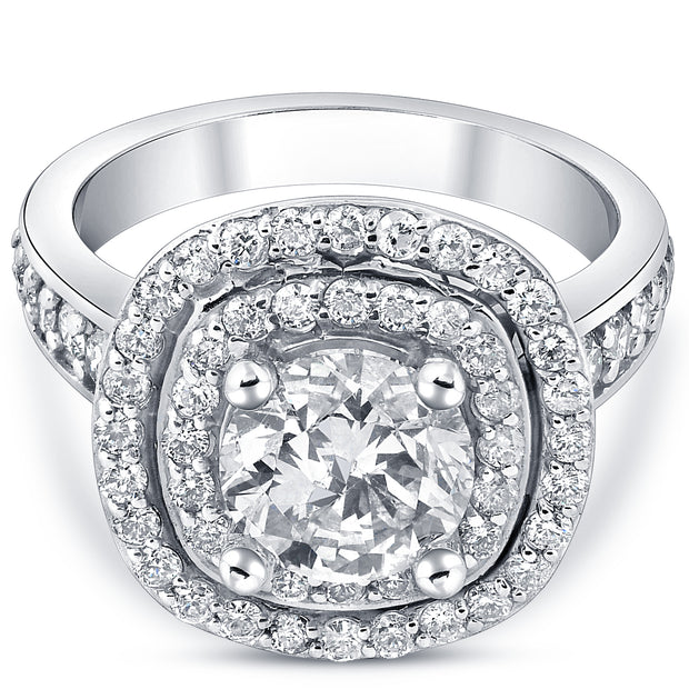 H SI 2.50 ct Diamond Cushion Double Halo Engagement Ring White Gold Enhanced