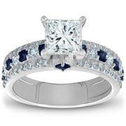 2 1/2ct Princess Cut & Blue Sapphire Diamond Engagement Ring White Gold Enhanced