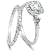 3/4 CT Diamond Cushion Halo Engagement Ring Matching Wedding Band 14k White Gold