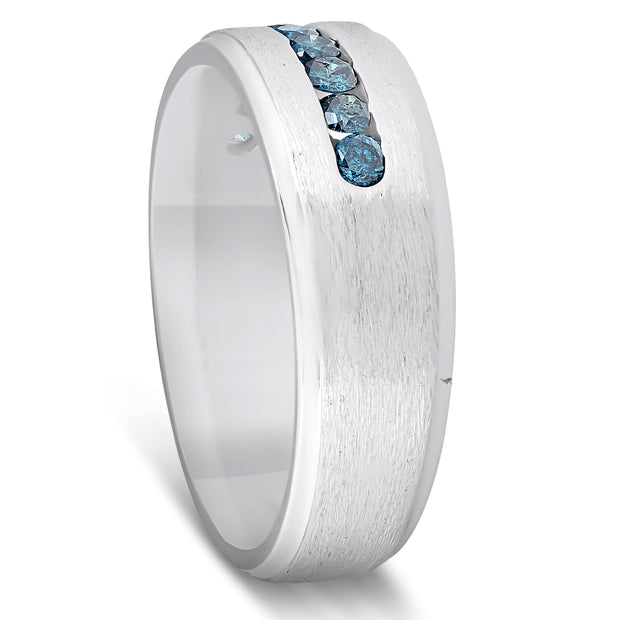 Mens 1/3ct Blue Diamond Brushed Wedding Ring 14k White Gold