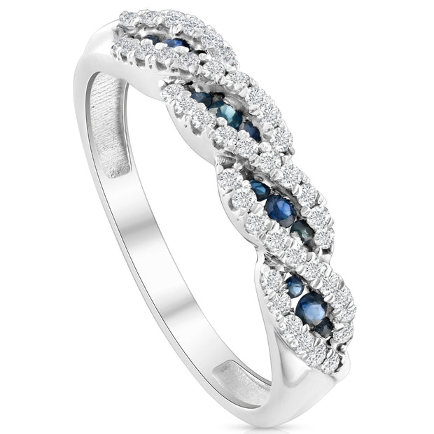 1/3 Ct Blue Sapphire & Diamond Ladies Swirl Wedding Ring 10k White Gold