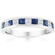 1 Ct Princess Cut Blue Sapphire & Diamond Ladies Wedding Ring 14k White Gold