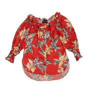 LOST DAZE Red Silk Floral 'Aloha' Off-Shoulder Blouse Shirt