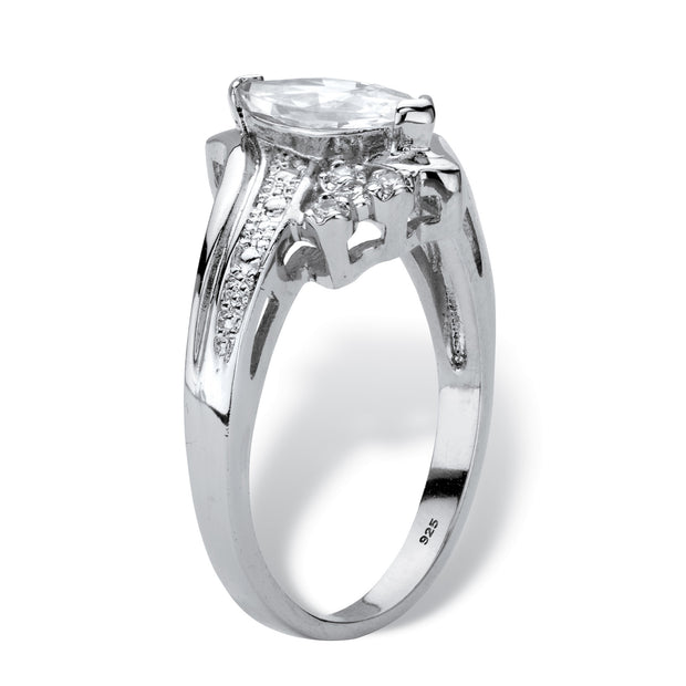 Platinum over Sterling Silver Marquise Cut Cubic Zirconia Bypass Engagement Ring