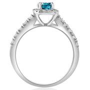 1Ct Blue Diamond Cushion Halo Engagement Ring in 14k White Gold