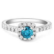 1Ct Blue Diamond Cushion Halo Engagement Ring in 14k White Gold