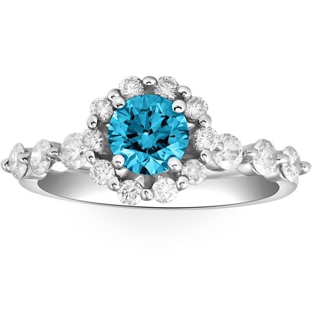 VS 1 1/2Ct Blue & White Diamond Halo Engagement Ring in 10k White Gold