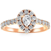 1Ct Pear Shape Diamond Halo Engagement Ring in White, Yellow, or Rose Gold