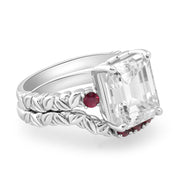 VS 5 1/2Ct Ruby & Emerald Cut Moissanite Petite Leaf Engagement Set in Gold