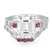 VS 5 1/2Ct Ruby & Emerald Cut Moissanite Petite Leaf Engagement Set in Gold
