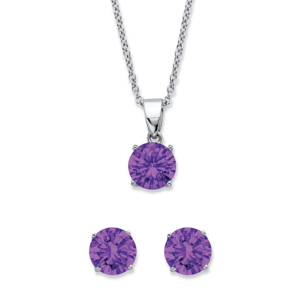 Platinum-Plated Sterling Silver Simulated Birthstone CZ Pendant and Earring Set, 18 inches plus 2 inch