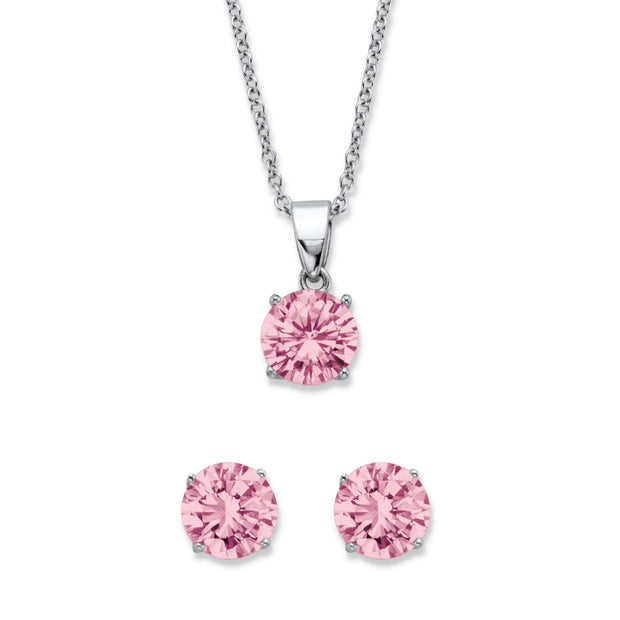 Platinum-Plated Sterling Silver Simulated Birthstone CZ Pendant and Earring Set, 18 inches plus 2 inch