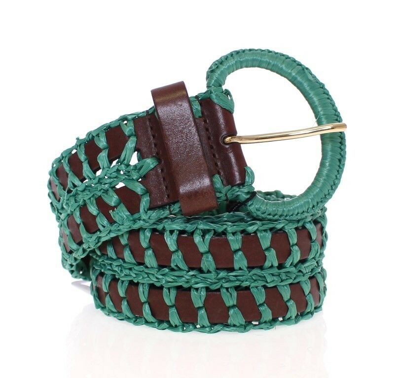 Dolce  Gabbana Green Raffia Woven Waist Leather Wide Belt