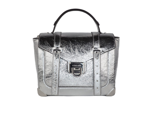 Michael Kors Manhattan Medium Leather Top Handle School Satchel Crossbody Handbag Women's (Silver)