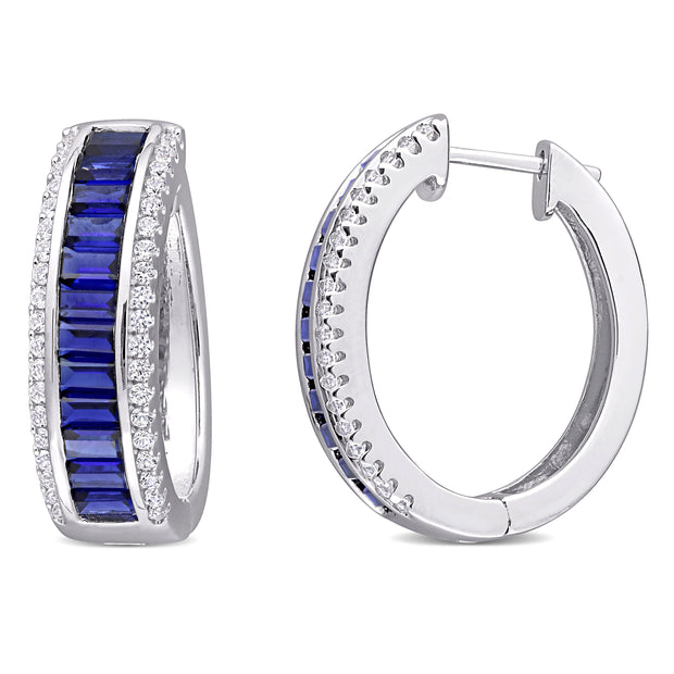 Created Blue Sapphire Created White Sapphire Hoop Earrings in Sterling Silver