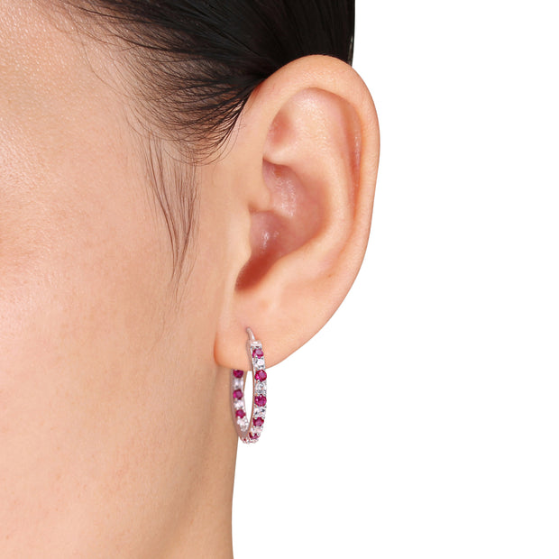 Created Ruby Created White Sapphire Hoop Earrings in Sterling Silver