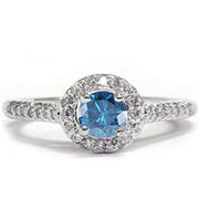 5/8ct Treated Blue Diamond Engagement Halo Ring 14K White Gold Pave Solitaire