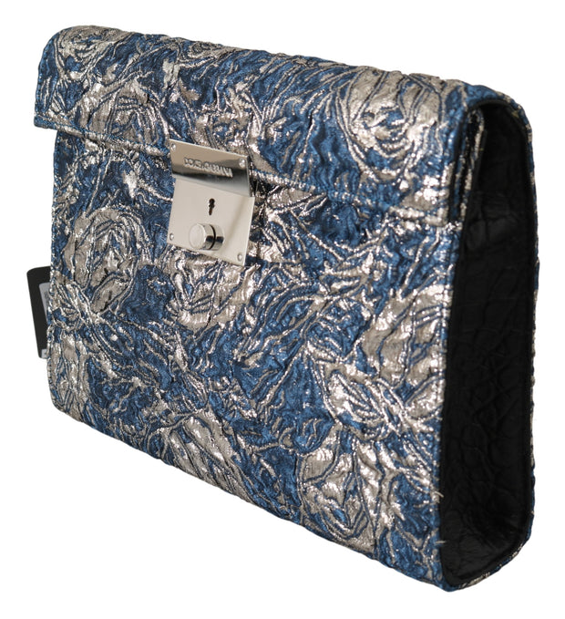 Dolce & Gabbana Blue Silver Jacquard Leather Document Briefcase Men's Bag