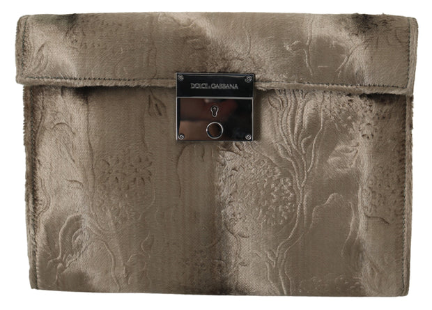 Dolce & Gabbana Beige Velvet Floral Leather Men Document Men's Briefcase
